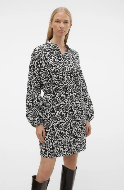 Shop Vero Moda Sophia Floral Print Long Sleeve Shirtdress In Black Aop White Flor