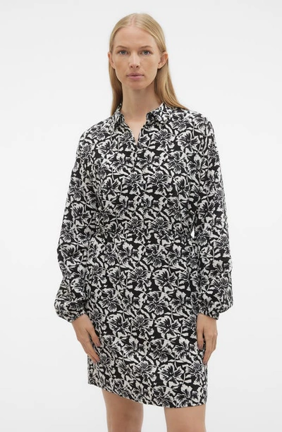 Shop Vero Moda Sophia Floral Print Long Sleeve Shirtdress In Black Aop White Flor