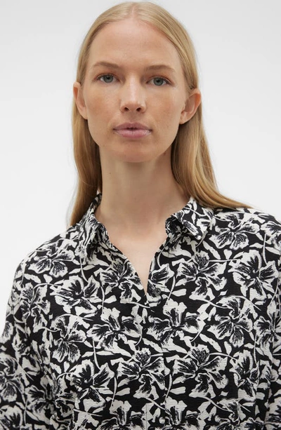 Vero Moda Sophia Floral Print Long Sleeve Shirtdress In Black Aop White Flor
