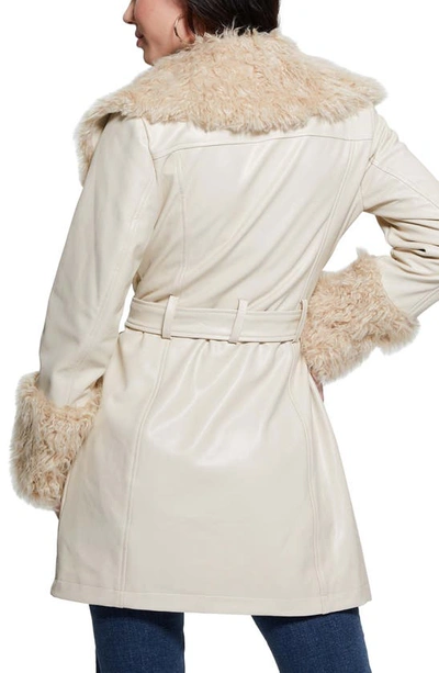 Guess Faux Leather & Faux Fur Coat In White