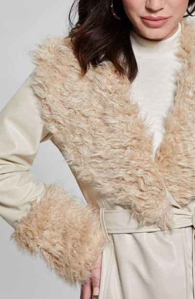 Guess Faux Leather & Faux Fur Coat In White