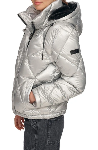 Shop Dkny Diamond Quilt Water Resistant Puffer Jacket In Silver Metallic Cire