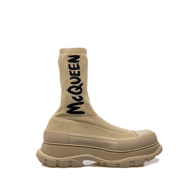 Shop Alexander Mcqueen Sock-style Logo-print Boots In Beige