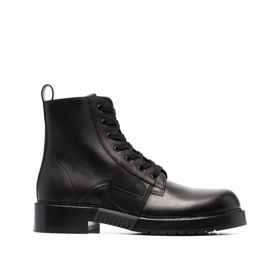 Shop Valentino Leather Logo Boots In Black