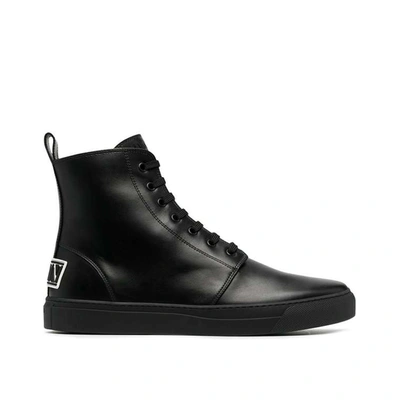 Shop Valentino Leather Logo Boots In Black