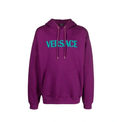 Shop Versace Cotton Logo Sweatshirt In Purple
