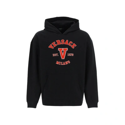 Shop Versace Hooded Cotton Logo Sweatshirt In Black