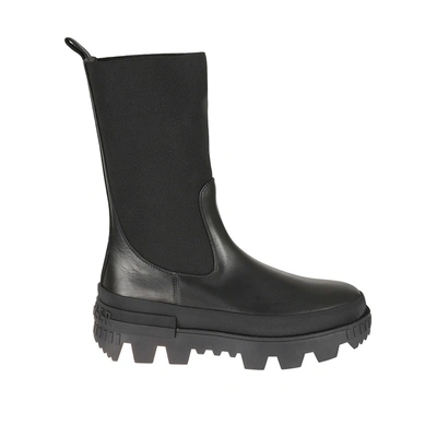 Shop Moncler Leather Logo Boots In Black