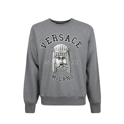 Versace Mask Print Cotton Crewneck Sweatshirt In Gray