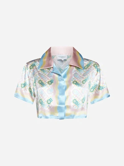 Shop Casablanca Ping Pong Silk Cropped Shirt In Multicolor