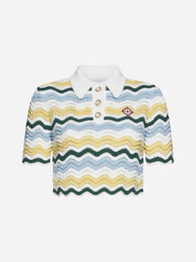 Shop Casablanca Boucle' Crochet Cropped Polo Shirt In Yellow,blue