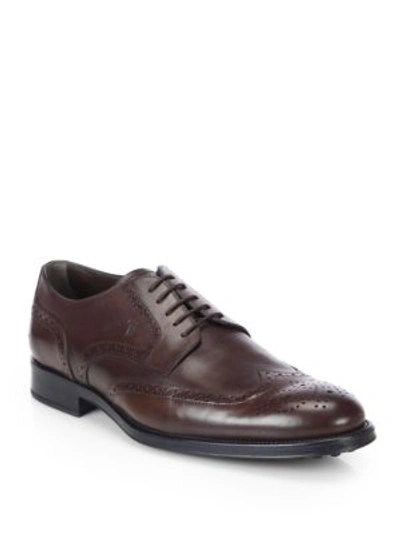 Shop Tod's Leather Wingtip Derby Shoes In Dark Brown