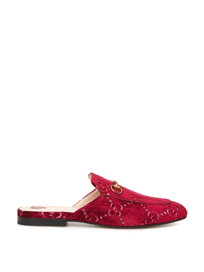 Shop Gucci Red Velvet Princetown Slipper With Logo Allover