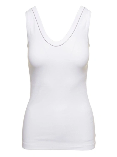 Shop Brunello Cucinelli White Tank Top With Monile Detail In Cotton Woman