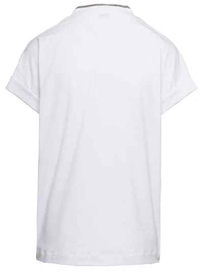 Shop Brunello Cucinelli White V-neck T-shirt With  Monile Detail In Stretch Cotton Woman