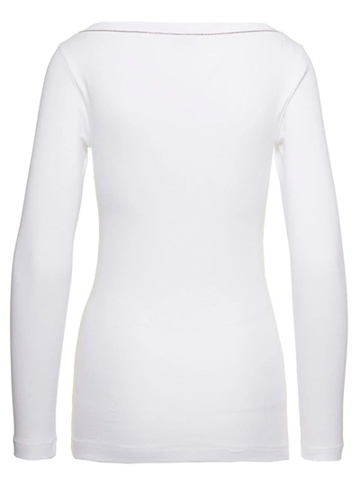 Shop Brunello Cucinelli White V-neck Pullover With Beads Detailing In Stretch Cotton Woman