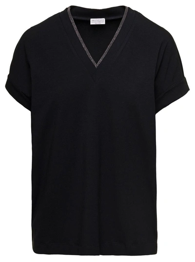 Shop Brunello Cucinelli Black V-neck T-shirt With  Monile Detail In Stretch Cotton Woman