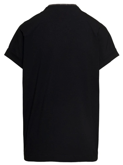 Shop Brunello Cucinelli Black V-neck T-shirt With  Monile Detail In Stretch Cotton Woman