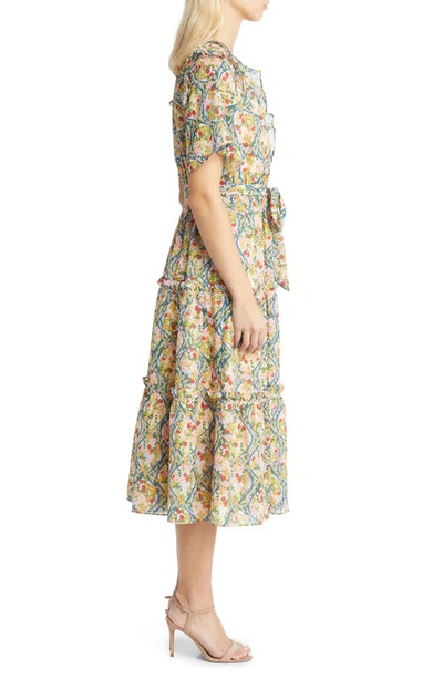 Shop Rachel Parcell Floral Ruffle Chiffon Faux Wrap Midi Dress In Trellis Print