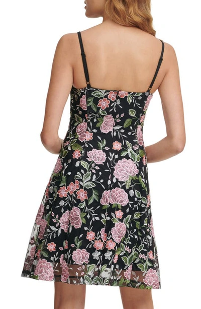 Shop Guess Floral Embroidered Mesh Fit & Flare Dress In Black Multi