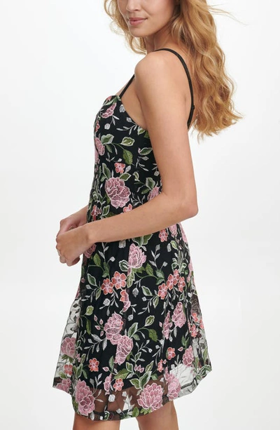 Shop Guess Floral Embroidered Mesh Fit & Flare Dress In Black Multi