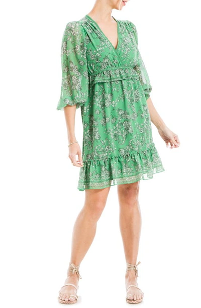 Shop Max Studio Floral Balloon Sleeve A-line Dress In Green