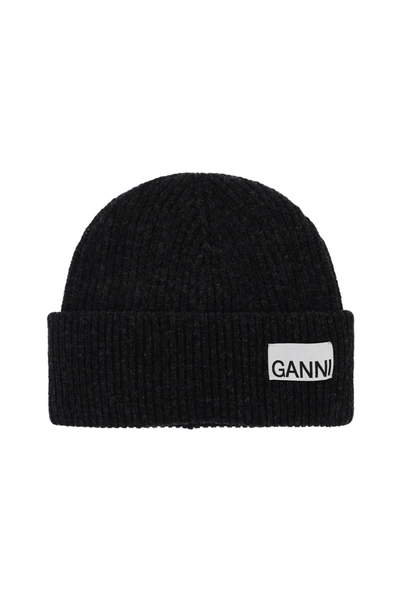 Shop Ganni Beanie Hat With Logo Label