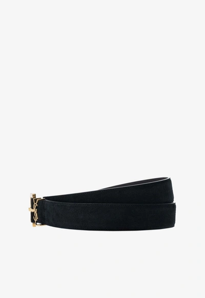 Shop Saint Laurent Cassandre Square-buckle Suede Belt In Black