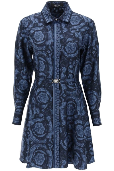 Shop Versace Barocco Shirt Dress In Blue