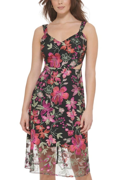 Shop Guess Floral Embroidered A-line Cocktail Dress In Black Multi