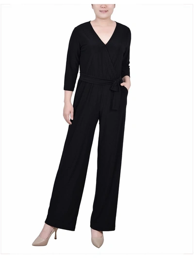 Shop Ny Collection Petites Womens Belted Wide Leg Jumpsuit In Black