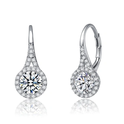 Rachel Glauber White Gold Plated Clear Round Cubic Zirconia Partially Paved And Haloed Solitaire Drop Earrings In Silver