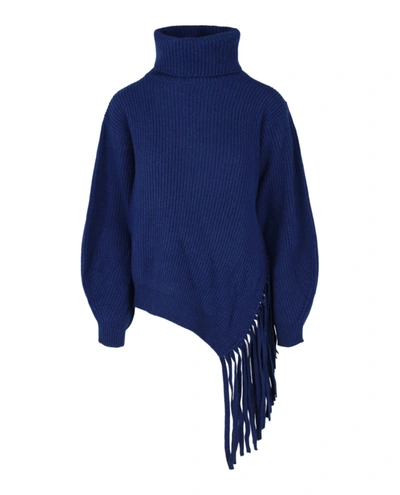 Shop Stella Mccartney Asymmetrical Fringed Turtleneck Sweater In Blue