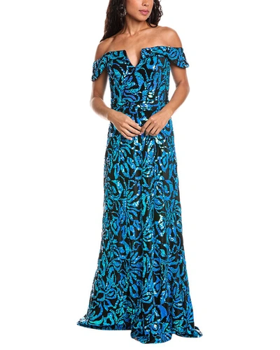 Shop Rene Ruiz Off-the-shoulder Gown In Blue