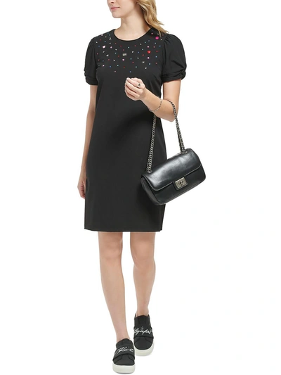 Shop Karl Lagerfeld Womens Embellished Ruched Shift Dress In Black