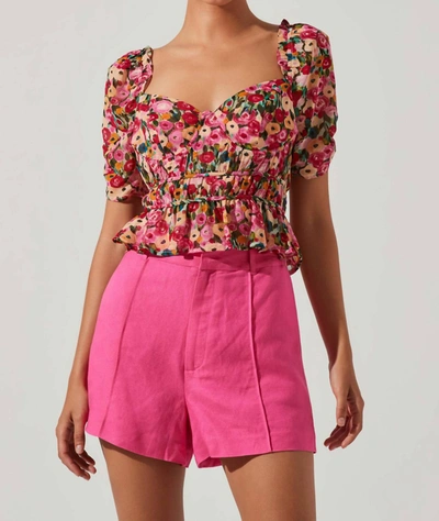 Shop Astr Nayeli Floral Puff Sleeve Top In Red Multi Floral