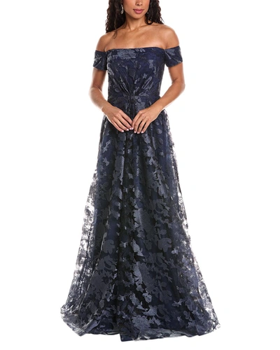 Shop Rene Ruiz Off-the-shoulder Draped A-line Gown In Blue