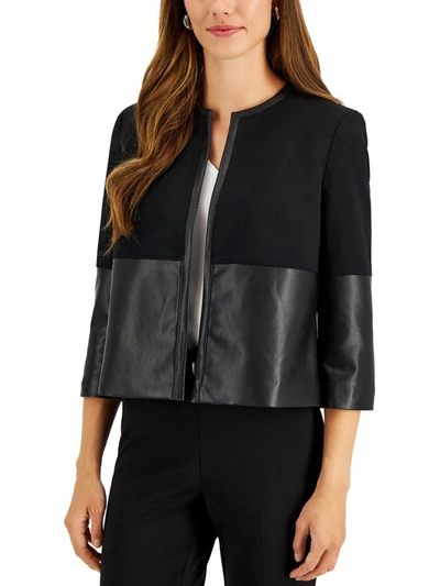 Shop Kasper Petites Womens Faux Leather Open Front Soft Shell Jacket In Black