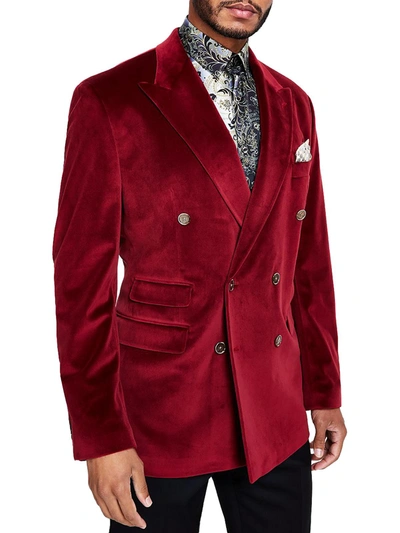 Shop Tayion By Montee Holland Mens Velvet Classic Fit Double-breasted Blazer In Red