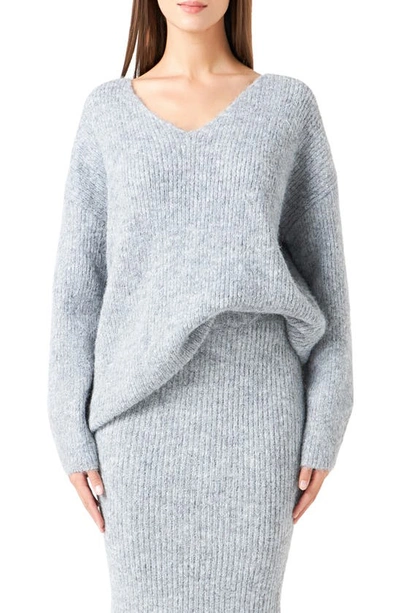 Shop Endless Rose Fuzzy V-neck Rib Sweater In Heather Grey