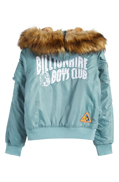 Shop Billionaire Boys Club Eucalyptus Faux Fur Trim Graphic Hooded Bomber Jacket In Sage Brush