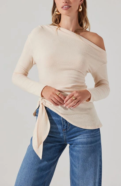 Astr One-shoulder Tie Hem Knit Top In Cream