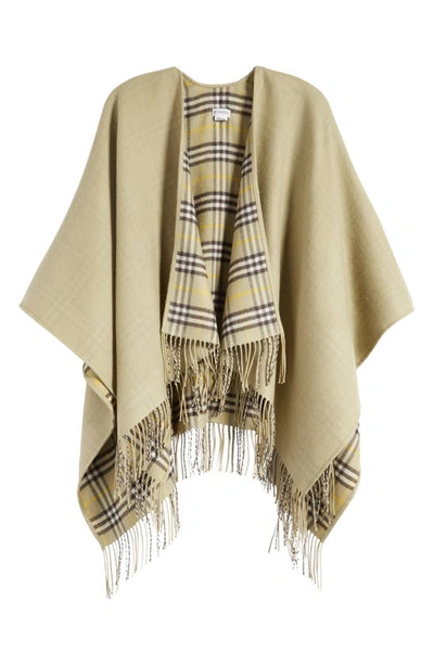 Shop Burberry Fringed Wool Reversible Cape In Hunter