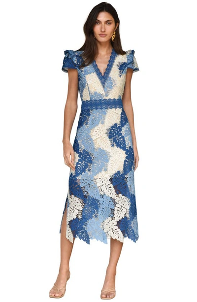 Shop Adelyn Rae Adeline Palm Lace Midi Dress In Sapphire Blue/cream