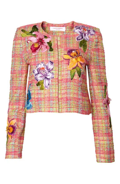 Shop Carolina Herrera Embroidered Floral Check Jacket In Ivory Multi-color