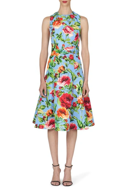 Shop Carolina Herrera Floral Twist Waist Sleeveless Dress In Lake Blue Multi