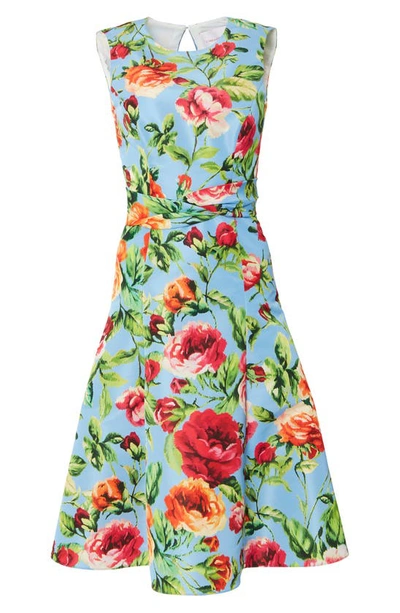 Shop Carolina Herrera Floral Twist Waist Sleeveless Dress In Lake Blue Multi