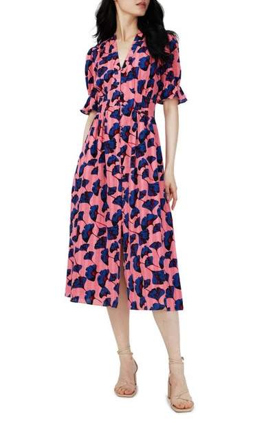 Shop Dvf Erica Floral Button Front Cotton Midi Dress In Falling Gingko Antique Pk Med
