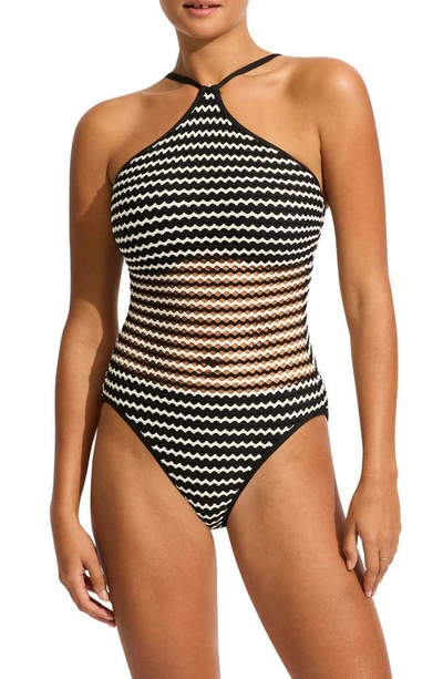 Shop Seafolly Mesh Effect High Neck Dd-cup Underwire One-piece Swimsuit In Black