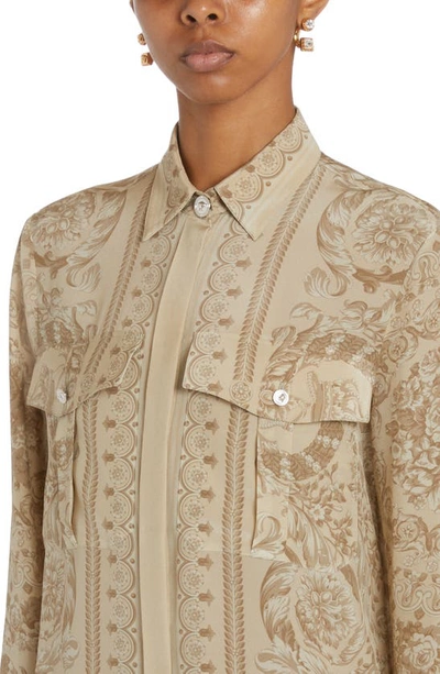 Shop Versace Barocco Print Silk Button-up Shirt In Sand